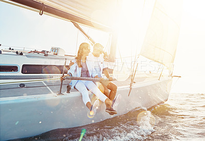 Buy stock photo Couple, relax boat trip and ocean sunset for travel holiday, summer vacation or romantic quality time. Luxury yacht cruise, man and woman bonding and happy sailing together for sea love adventure 