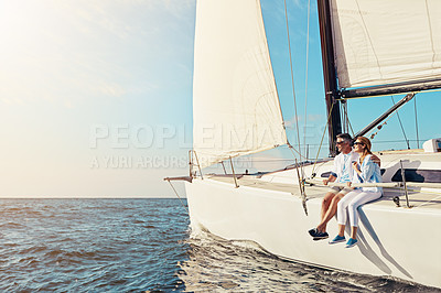Buy stock photo Relax, travel and luxury with couple on yacht for summer, love and sunset on Rome vacation trip. Adventure, journey and vip with man and woman sailing on boat for ocean, tropical and mockup at sea
