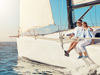 Buy stock photo Luxury cruise, couple and yacht while on a boat trip at sea for a adventure, holiday or vacation in summer. Man and woman sailing together on a cruise ship on the ocean with love, happiness and care