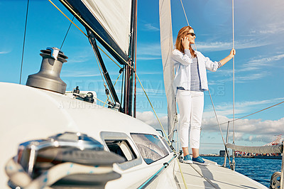 Buy stock photo Sea, view and happy woman on yacht for trip, vacation or holiday with summer adventure in Greece. Smile, thinking and female tourist on boat in ocean to relax for tropical weekend, travel or journey