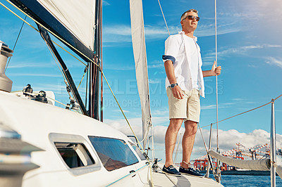 Buy stock photo Sea travel and man on yacht thinking of adventure, holiday and freedom in summer sunshine. Relax, peace and mature guy on luxury boat in Croatia, Europe for retirement lifestyle leisure.