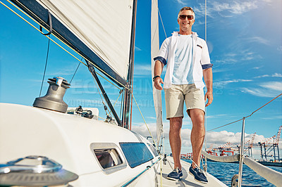 Buy stock photo Ocean travel and man on boat portrait with smile for adventure, holiday and summer sunshine. Relax, happiness and mature guy enjoying retirement on luxury yacht break in Croatia, Europe.