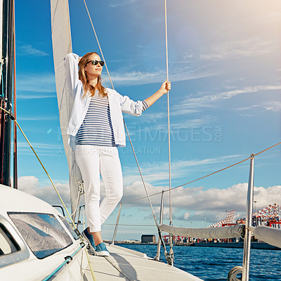 Buy stock photo Shot of a woman out on a boat trip