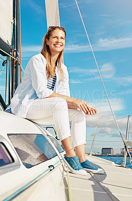 Buy stock photo Travel, yacht and woman on cruise ship for holiday, summer vacation and weekend getaway in Italy. Travelling lifestyle, sea adventure and happy girl with smile, relaxing and freedom on boat trip