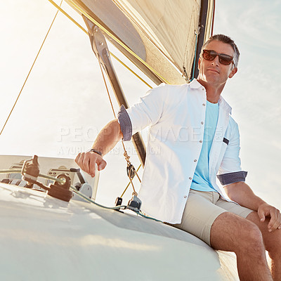 Buy stock photo Retirement, luxury yacht or thinking man on ocean, sea or water lake for investment holiday or wealth vacation. Mature, person or rich boat for baby boomer travel in Greece location or nature freedom