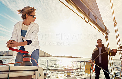 Buy stock photo Boat, couple and steering wheel for sea travel, retirement wealth and holiday investment hobby. Luxury sailing, rich and fun marriage people on ocean or lake water with outdoor sunglasses in sunshine