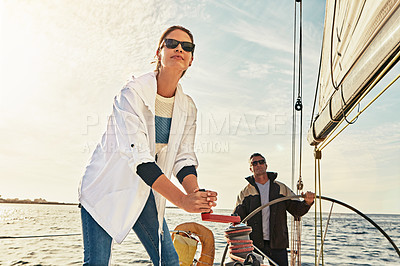 Buy stock photo Boat, couple and steering wheel for sea travel, retirement wealth and holiday investment hobby. Sailing, rich and fun baby boomers or people on ocean or lake water with outdoor sunglasses in sunshine