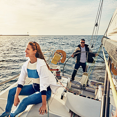 Buy stock photo People, ocean and boat on holiday for adventure on transportation with sunshine. Together, yacht and outdoor to cruise at sea for travel with luxury on waves and water during the summer to relax.
 
