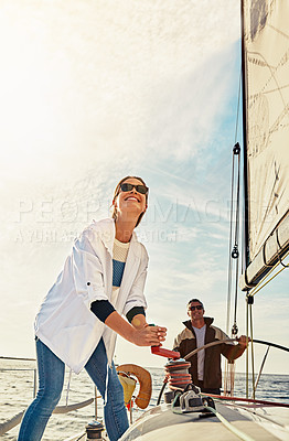 Buy stock photo Happy couple, boat and steering helm in sea travel, holiday investment and retirement wealth hobby. Rich, fun and sailing of mature people on ocean or lake water for outdoor adventure and activity