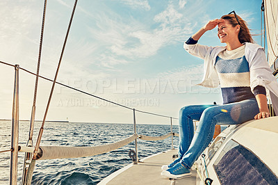 Buy stock photo Shot of a woman out on a boat trip