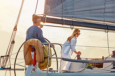 Buy stock photo Mature couple, boat and steering wheel in sea travel, holiday investment and retirement wealth hobby. Rich, fun and sailing baby boomers or happy people on ocean or lake water for outdoor adventure