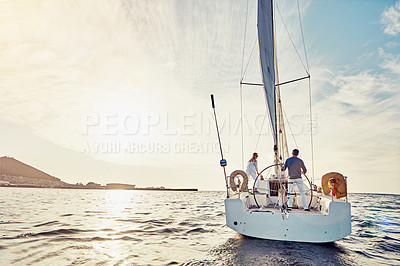 Buy stock photo Couple, yacht or sailing on vacation for adventure at sea with sun and waves to relax in summer. Ocean, people or cruise together for holiday on water for travel and sunshine for retirement lifestyle