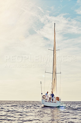 Buy stock photo Couple, retirement or luxury sailing yacht on ocean, sea or water vacation holiday, hobby break or Greece summer. Man, woman or people on investment boat in success travel location for nature freedom