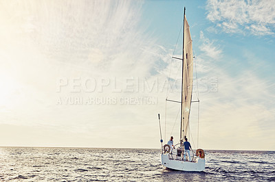 Buy stock photo Couple sailing on yacht, adventure and travel with nature, luxury vacation on the ocean for summer holiday. Wealthy people out at sea, lifestyle with blue sky, romantic getaway with seascape mockup