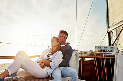 Buy stock photo Calm, relax and couple on a yacht for a vacation, summer travel and ocean adventure in Spain. Peace, hug and man and woman on a boat for a luxury cruise, sailing and happiness on holiday at sea