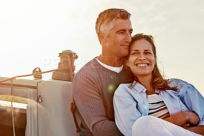 Buy stock photo Travel, investment and luxury with couple on yacht for success, relax and wealth on retirement trip. Travel, love and ship hobby with baby boomers man and woman sailing on boat for tropical vacation