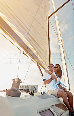 Buy stock photo Travel, investment and luxury with couple on yacht for success, relax and wealth on retirement trip. Rich, love and ship hobby with baby boomers man and woman sailing on boat for tropical vacation