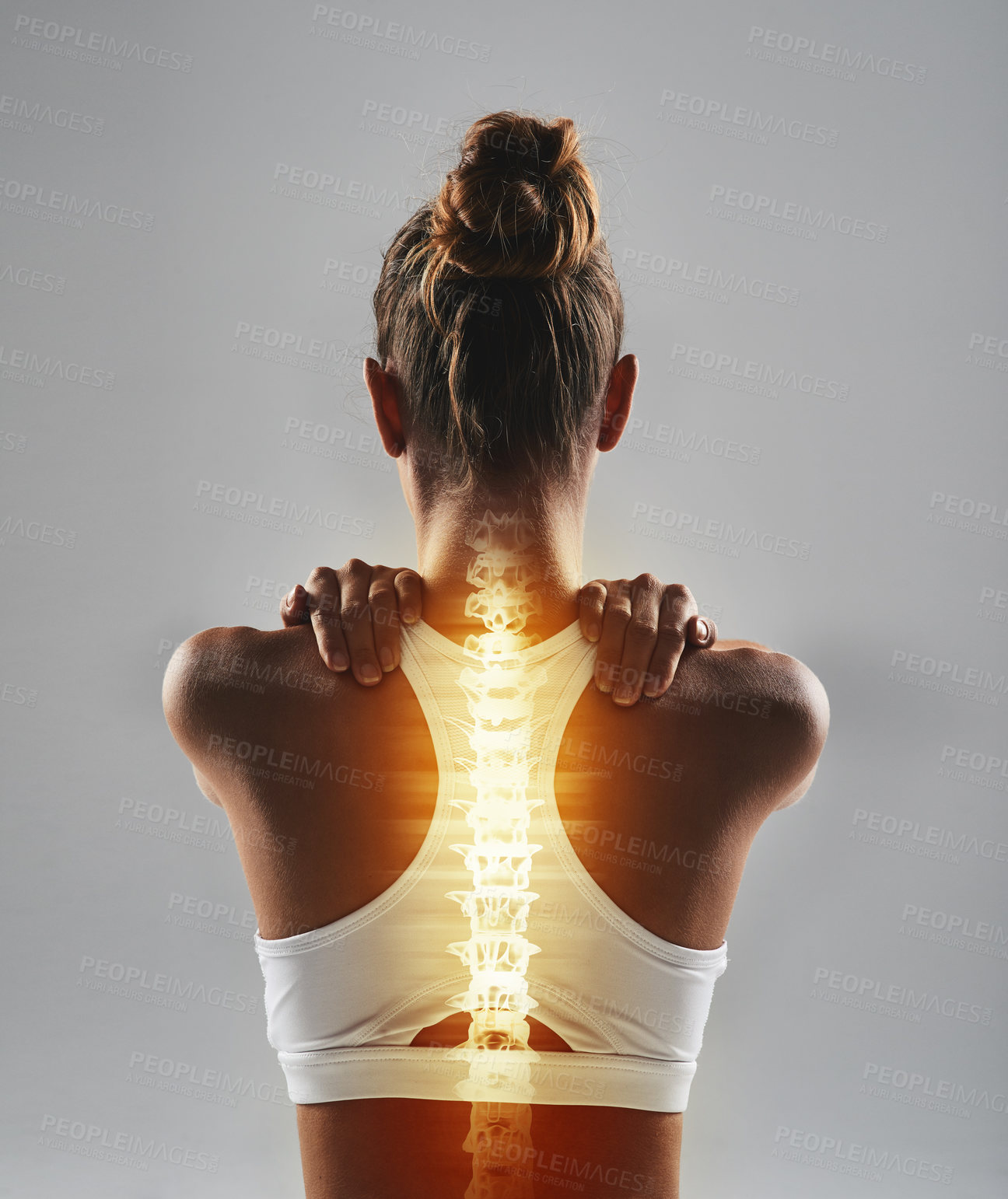 Buy stock photo Studio shot of an athlete with an injury highlighted in glowing red
