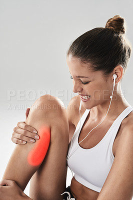 Buy stock photo Fitness, woman and leg pain in studio with injury after running, practice or workout on gray background. Sport, exercise and person with red overlay for inflammation, calf strain or muscle tension