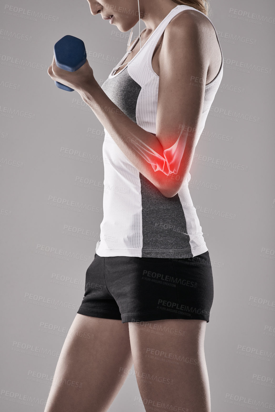 Buy stock photo Weightlifting, injury and elbow pain, woman and red glow for muscle tension and fitness on white background. Exercise, athlete and anatomy overlay with inflammation, bone or x ray with dumbbell