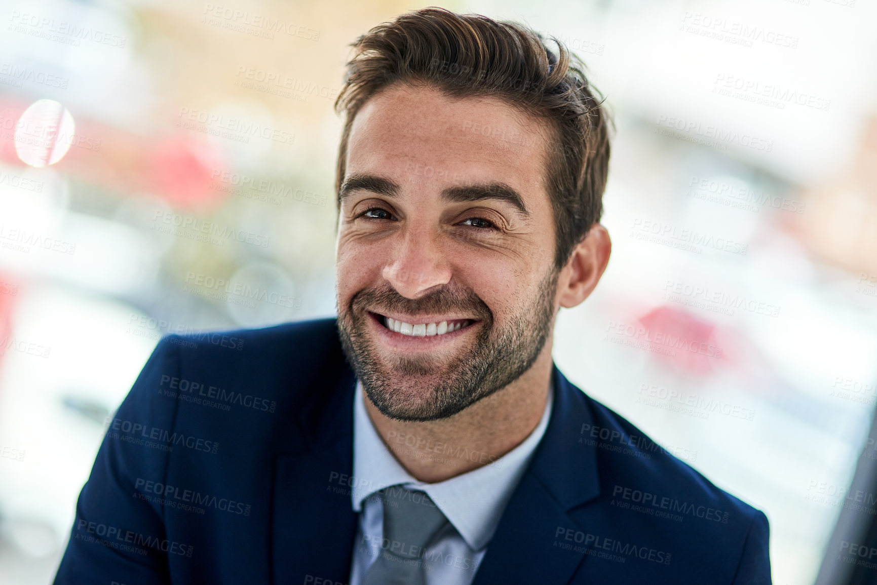 Buy stock photo Portrait, happy or proud businessman with confidence, smile or suit in agency, company or law firm. Government consultant, corporate attorney or lawyer in business, job or workplace for legal justice