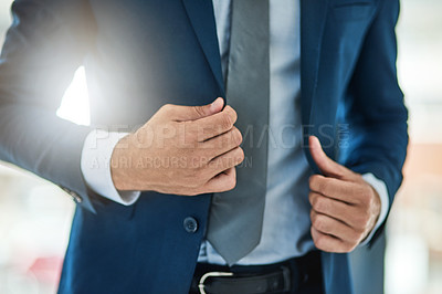 Buy stock photo Fashion, hands and suit with business man closeup in office for ambition or start of work day. Company, corporate and getting ready in formal clothes with employee at workplace for job opportunity