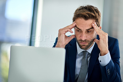 Buy stock photo Businessman, laptop and headache of anxiety in office with burnout, overwhelmed by workload and internet glitch. Professional, employee and frustrated with migraine and stress for deadline on mockup