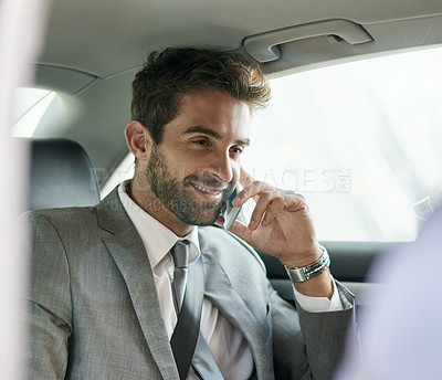 Buy stock photo Man, phone call and smile in car seat for audio conversation, funny joke and good news in urban city. PR manager, happy and cellular mobile for business talk, speaking or discussion for relax on trip