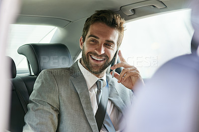 Buy stock photo Businessman, phone call and smile in car seat for audio conversation, funny joke or good news in urban city. PR manager, happy and cellular mobile in professional talk, speaking or discussion on trip