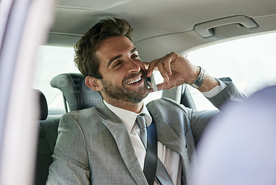Buy stock photo PR manager, phone call and smile in car seat for audio conversation, funny joke  or good news in city. Business person, happy and laugh with cellular mobile for professional talk discussion on trip