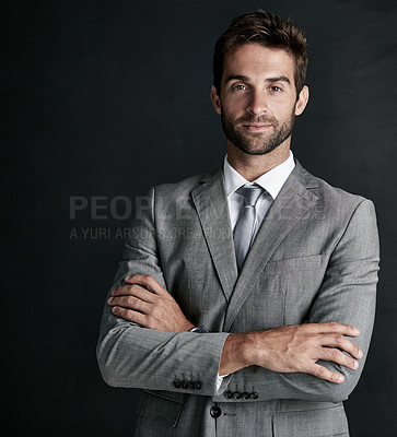 Buy stock photo Businessman, portrait and confident with crossed arms in studio for professional company. Financial advisor, career and corporate fashion on dark background for style, suit and male entrepreneur 