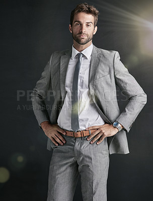 Buy stock photo Businessman, suit and portrait in studio for corporate career, professional style or business aesthetic in company. PR manager, serious and successful with ambition goal and proud on dark background
