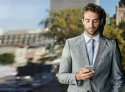 Buy stock photo Corporate, confidence and businessman on balcony with smartphone for networking, reading email or news. Lens flare, professional and person with mobile for texting, browsing internet or social media