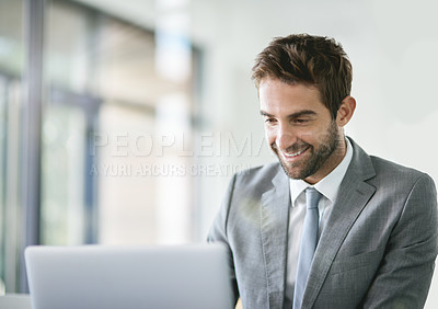Buy stock photo Businessman, video call and laptop in office with smile for networking, virtual discussion and meeting. Human Resources, employee and person with technology for online training, hiring and onboarding