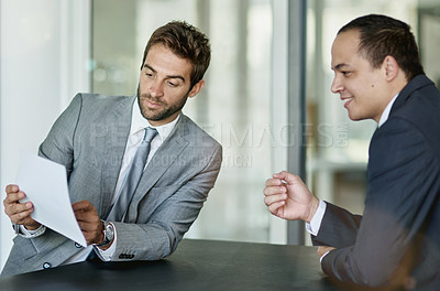 Buy stock photo Documents, paperwork and business people in meeting, discussion or conversation with contract for work in corporate career. Men, employees and lawyers planning in office, workspace or conference room