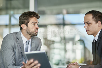 Buy stock photo Discussion, tablet and business people in meeting, planning and conversation for work in corporate career. Men, employees and lawyers with technology in office, workspace and conference room