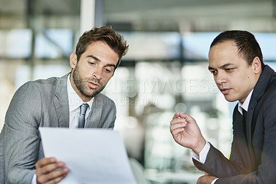 Buy stock photo Documents, collaboration and business people in meeting, discussion and conversation for work in corporate career. Men, employees and lawyers with contract in office, workspace and conference room