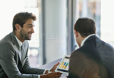 Buy stock photo Graphs, tablet and business people in meeting, planning and conversation for work in corporate career. Men, employees and lawyers with technology in office, workspace and conference room for analysis