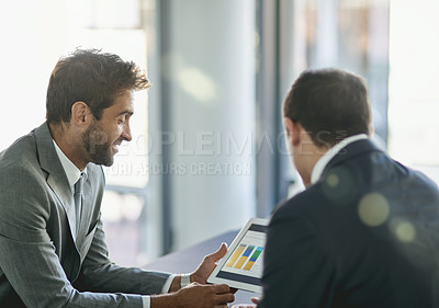 Buy stock photo Data, tablet and business people in meeting, planning and conversation for work in corporate career. Men, employees and lawyers with technology in office, workspace and conference room for analysis