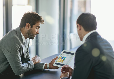 Buy stock photo Analysis, graphs and business people with tablet in meeting, planning and conversation for work in corporate career. Men, employees and lawyers with technology in office, workspace or conference room
