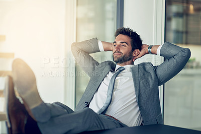 Buy stock photo Relax, stretching and businessman with hands behind his head after finished project in the office. Rest, calm and happy professional male employee on a break with a success task in the workplace.