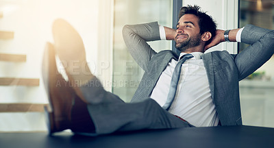 Buy stock photo Rest, confidence and businessman with hands behind his head after finished project in the office. Relax, calm and happy professional male employee on a break with a success task in the workplace.
