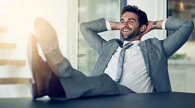 Buy stock photo Relax, success and businessman with hands behind his head after finished project in the office. Rest, calm and happy professional male employee on a break with an achievement task in the workplace.
