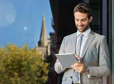 Buy stock photo City, happy and businessman online with tablet for company growth or report review and checking emails. Male corporate employee, digital technology and research for feedback on business website.