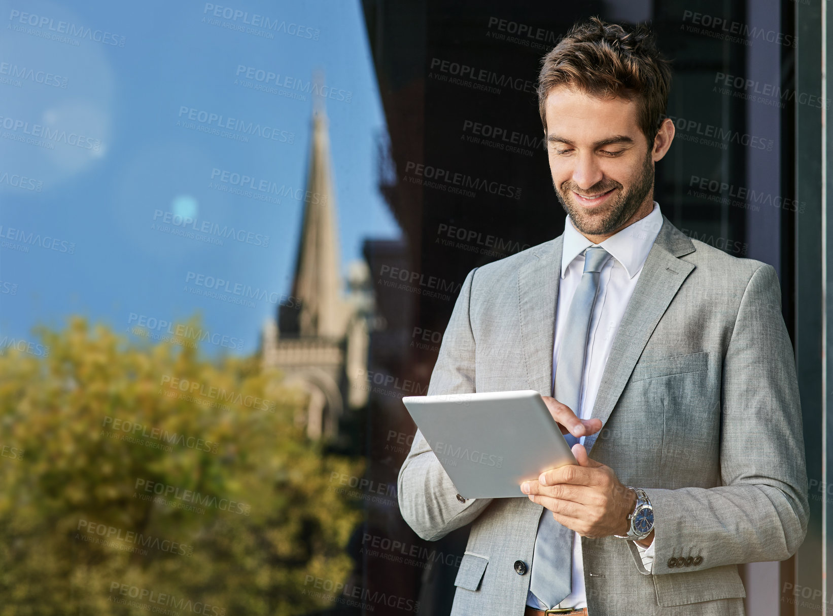 Buy stock photo City, happy and businessman online with tablet for company growth or report review and checking emails. Male corporate employee, digital technology and research for feedback on business website.