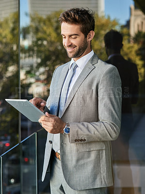 Buy stock photo Outdoor, happy and businessman online with tablet for company growth or report review and checking emails. Male corporate employee, digital technology and research for feedback on business website.