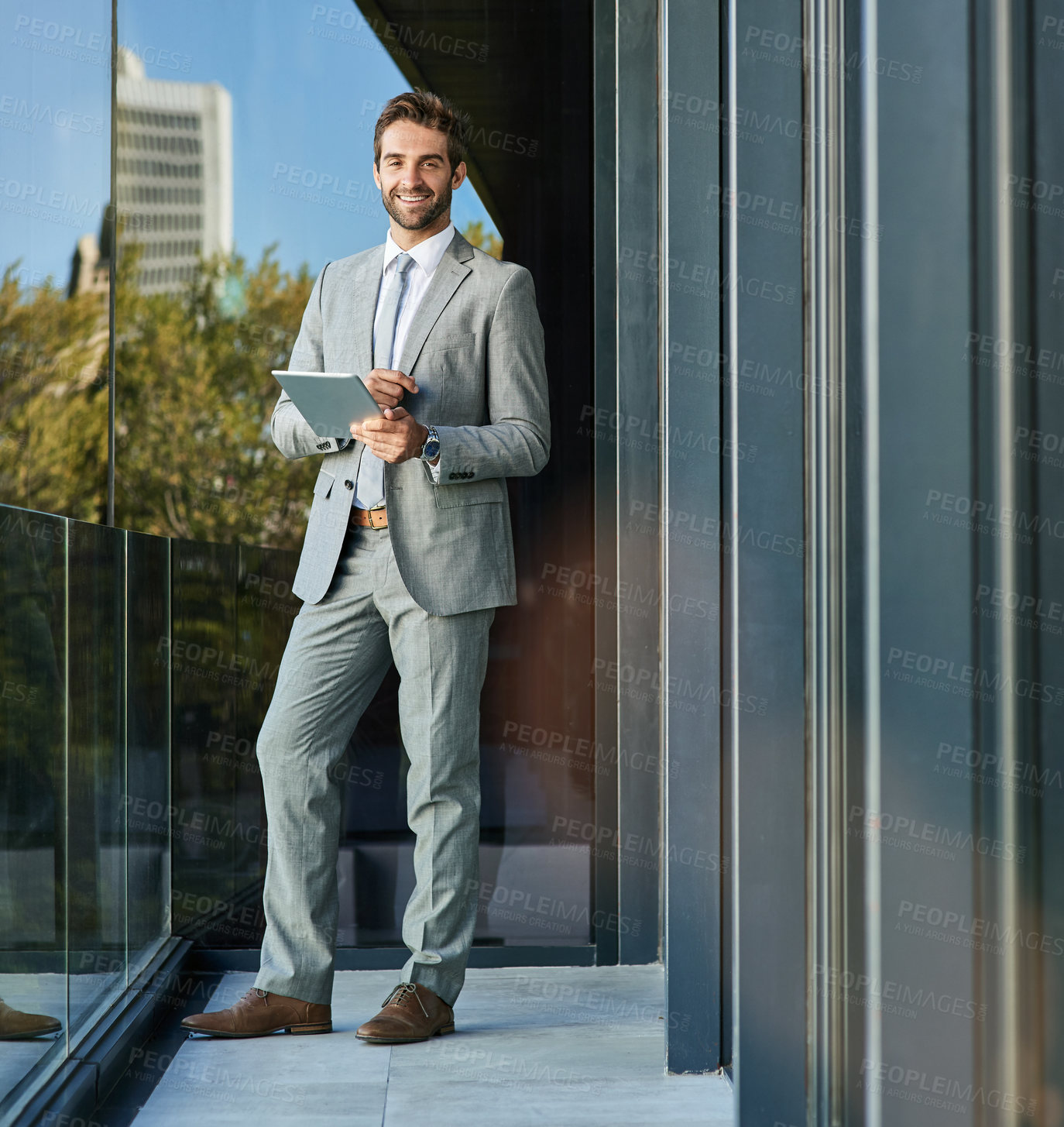 Buy stock photo Smile, business and portrait of man with tablet on balcony for networking, reading email or news. Happiness, professional and person with technology for information, browsing internet or social media