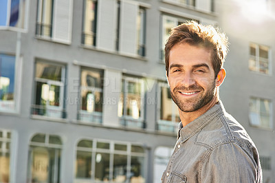 Buy stock photo Man, portrait and happiness in street for travel, wellness and explore in Los Angeles for summer. American male person, sunshine and smile in the morning for adventure and sightseeing in city