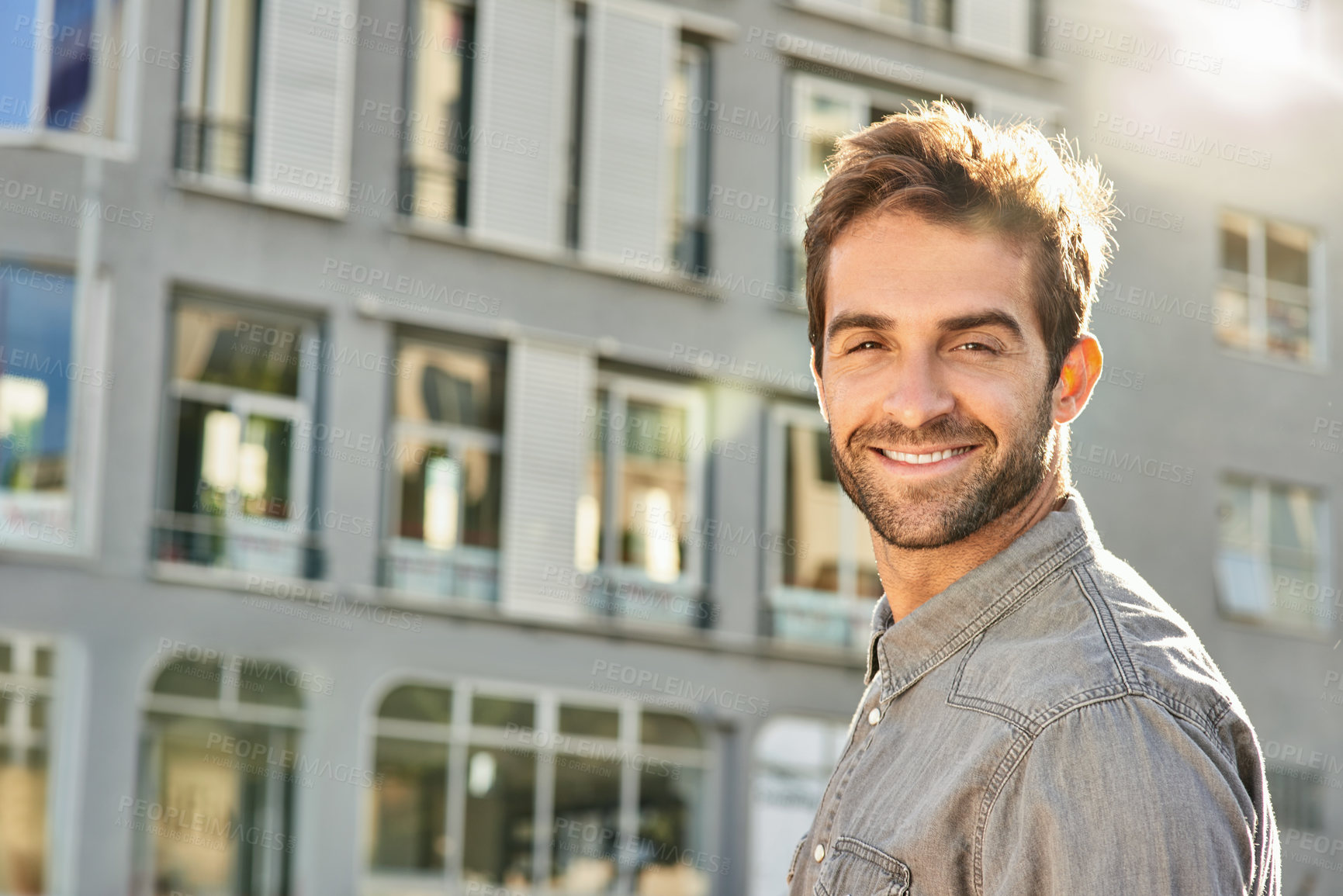 Buy stock photo Man, portrait and happiness in street for travel, wellness and explore in Los Angeles for summer. American male person, sunshine and smile in the morning for adventure and sightseeing in city