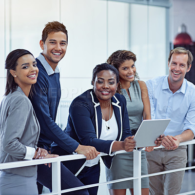 Buy stock photo Portrait of a group of colleagues working together in an office